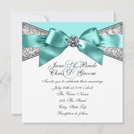 Witte Diamanten Blauwgroen Blauwe Bruiloft Kaart (Achterkant)