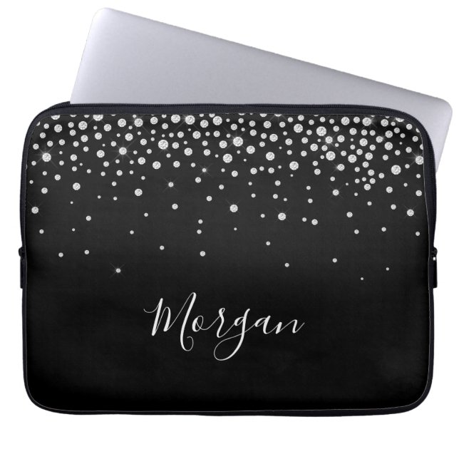Witte Diamanten & DIY Naam Wit Script, Zwart Laptop Sleeve (Voorkant)