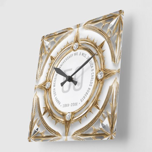 Witte Diamanten en Goud 50e Bruiloft Jubileum Vierkante Klok (Hoek)