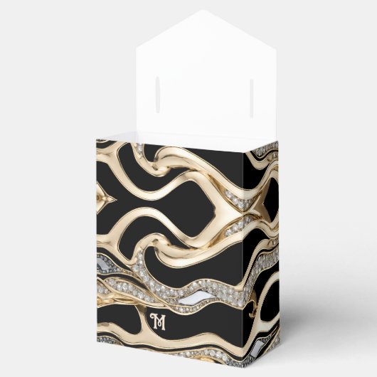 Witte diamanten en gouden zebrastrepen op zwart bedankdoosjes (Geopend)