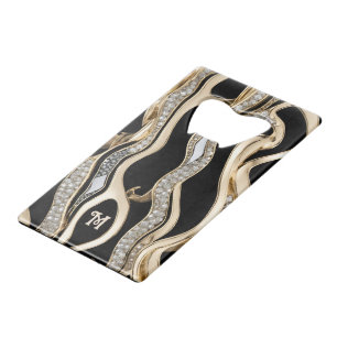 Witte diamanten en gouden zebrastrepen op zwart creditkaart flessenopener