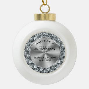 Witte diamanten & goud 25e trouwdag keramische bal ornament