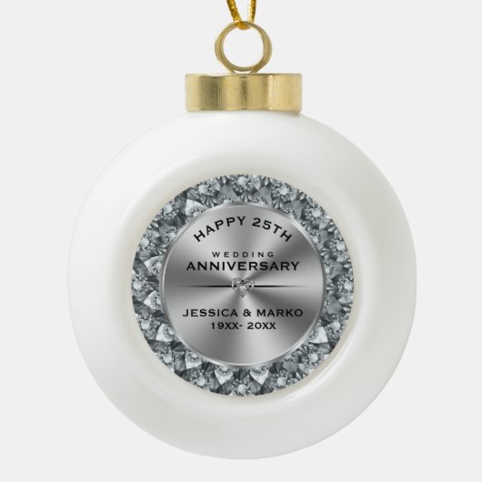 Witte diamanten & goud 25e trouwdag keramische bal ornament (Voorkant)