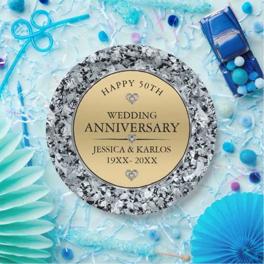 Witte diamanten & goud 50ste huwelijksjubileum papieren bordje (Feest)