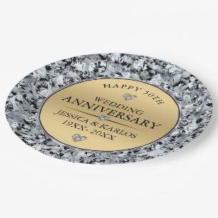 Witte diamanten & goud 50ste huwelijksjubileum papieren bordje