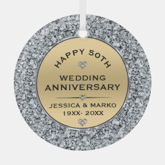 Witte diamanten & gouden 50ste bruiloft Jubileum Glas Ornament