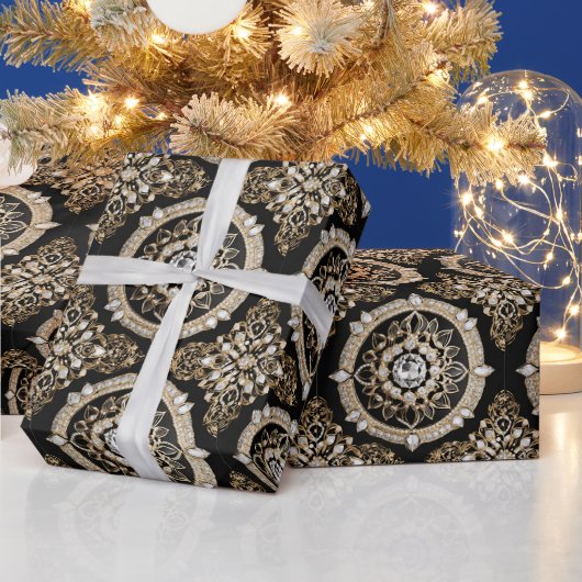 Witte diamanten, gouden rand mandala glamour ontwe cadeaupapier (Feestdagen)