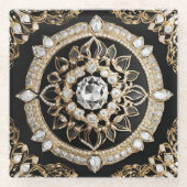 Witte diamanten, gouden rand mandala ontwerp glazen onderzetter (Voorkant)