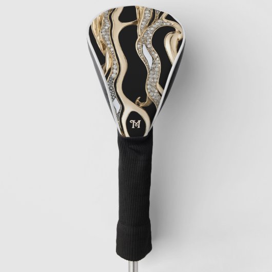 Witte diamanten, gouden rand mandala ontwerp golfheadcover (Voorkant)