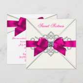 Witte Diamanten Hot Roze Sweet 16 Party Kaart (Voorkant / Achterkant)