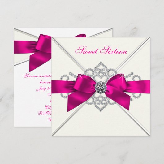 Witte Diamanten Hot Roze Sweet 16 Party Kaart (Voorkant / Achterkant)