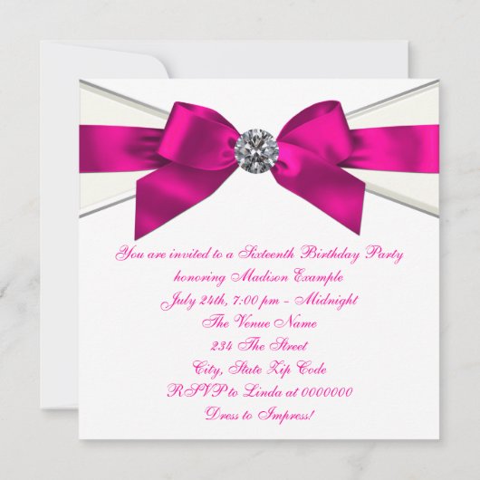 Witte Diamanten Hot Roze Sweet 16 Party Kaart (Achterkant)