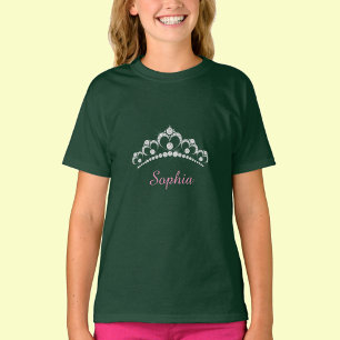 Witte Diamanten Kroon, Roze Script Naam T-shirt