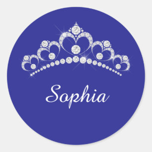 Witte diamanten kroon, scriptnaam, diepblauw ronde sticker