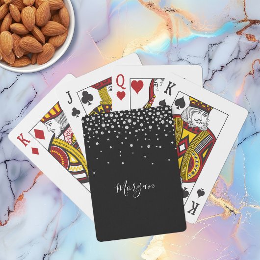Witte diamanten op zwart, witte scriptnaam pokerkaarten