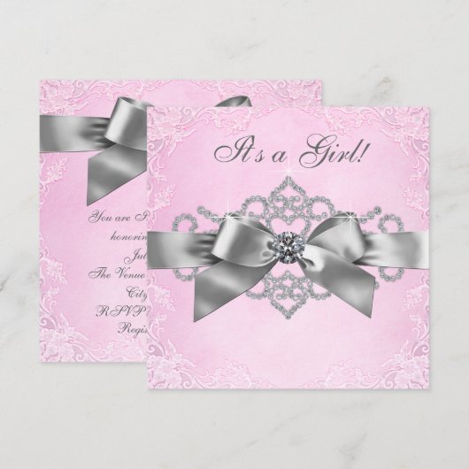 Witte Diamanten Roze en Grijs Baby shower Kaart (Voorkant / Achterkant)