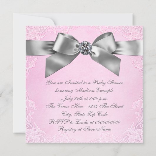 Witte Diamanten Roze en Grijs Baby shower Kaart (Achterkant)