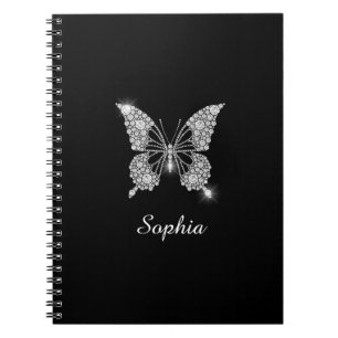 Witte Diamanten Vlinder, DIY Script Naam, Zwart Notitieboek