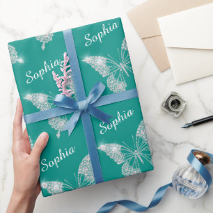 Witte Diamanten Vlinder Glitter Script Naam, Turqu Cadeaupapier