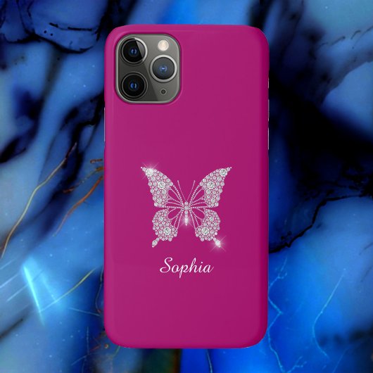 Witte Diamanten Vlinder, Script Naam, Diep Fuchsia Case-Mate iPhone Case