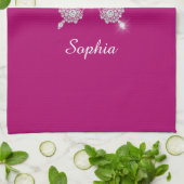 Witte Diamanten Vlinder, Script Naam, Diep Fuchsia Theedoek (Gevouwen)