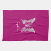 Witte Diamanten Vlinder, Script Naam, Diep Fuchsia Theedoek (Horizontaal)