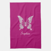 Witte Diamanten Vlinder, Script Naam, Diep Fuchsia Theedoek (Verticaal)