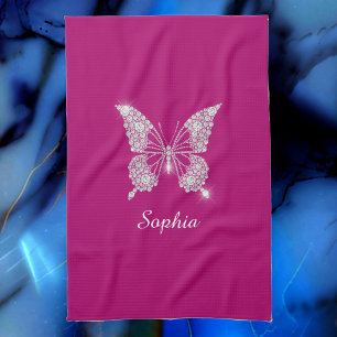 Witte Diamanten Vlinder, Script Naam, Diep Fuchsia Theedoek