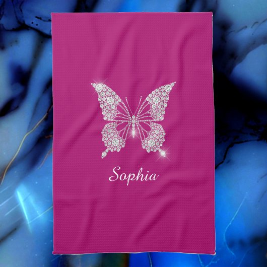 Witte Diamanten Vlinder, Script Naam, Diep Fuchsia Theedoek