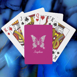Witte Diamanten Vlinder, Script Naam, Diepe Fuchsi Pokerkaarten