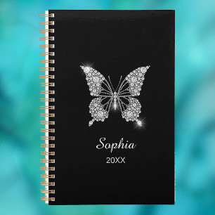 Witte Diamanten Vlinder, Witte Script Naam, Zwart Planner