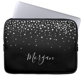 Witte diamanten & zelf naam witte script, zwart laptop sleeve