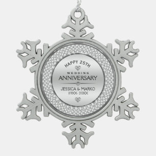 Witte diamanten & zilveren 25e bruiloft tin sneeuwvlok ornament