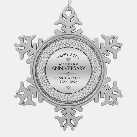 Witte diamanten & zilveren 25e bruiloft tin sneeuwvlok ornament (Voorkant)