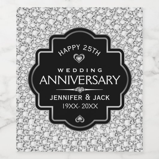 Witte diamanten & zwart 25e bruiloft Jubileum Wijn Etiket (Enkel label)