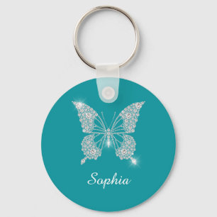 Witte Diamond Vlinder DIY Script Naam, Diep Teal Sleutelhanger