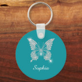Witte Diamond Vlinder DIY Script Naam, Diep Teal Sleutelhanger (Voorkant)