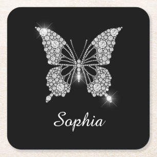 Witte Diamond Vlinder, DIY Script Naam, Zwart Kartonnen Onderzetters