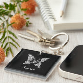 Witte Diamond Vlinder, DIY Script Naam, Zwart Sleutelhanger (Voorkant Rechts)
