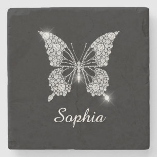 Witte Diamond Vlinder, DIY Script Naam, Zwart Stenen Onderzetter