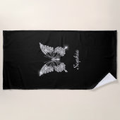 Witte Diamond Vlinder, DIY Script Naam, Zwart Strandlaken (Voorkant)