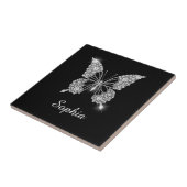 Witte Diamond Vlinder, DIY Script Naam, Zwart Tegeltje (Zijkant)