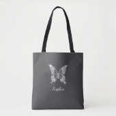 Witte Diamond Vlinder, Naam in Script, Donkergrijs Tote Bag (Voorkant)