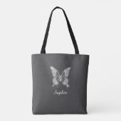 Witte Diamond Vlinder, Naam in Script, Donkergrijs Tote Bag (Achterkant)