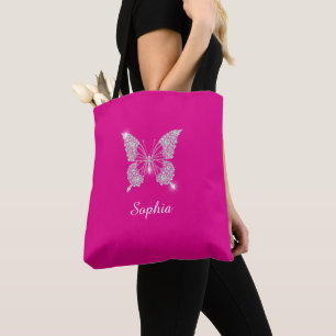 Witte Diamond Vlinder, Naam in Script, Fuchsia Tote Bag
