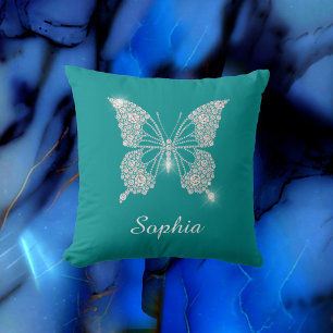 Witte Diamond Vlinder, Script Naam, Diep Teal Kussen