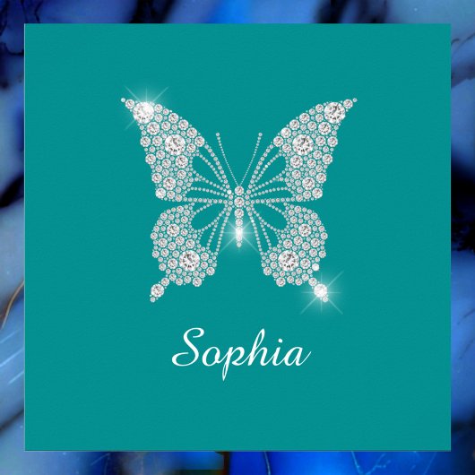 Witte Diamond Vlinder, Script Naam, Diep Teal Poster