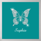 Witte Diamond Vlinder, Script Naam, Diep Teal Poster (Voorkant)