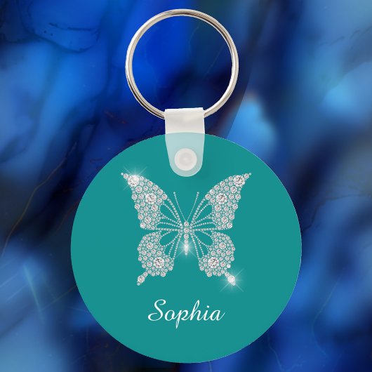 Witte Diamond Vlinder, Script Naam, Diep Teal Sleutelhanger