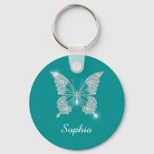 Witte Diamond Vlinder, Script Naam, Diep Teal Sleutelhanger (Voorkant)